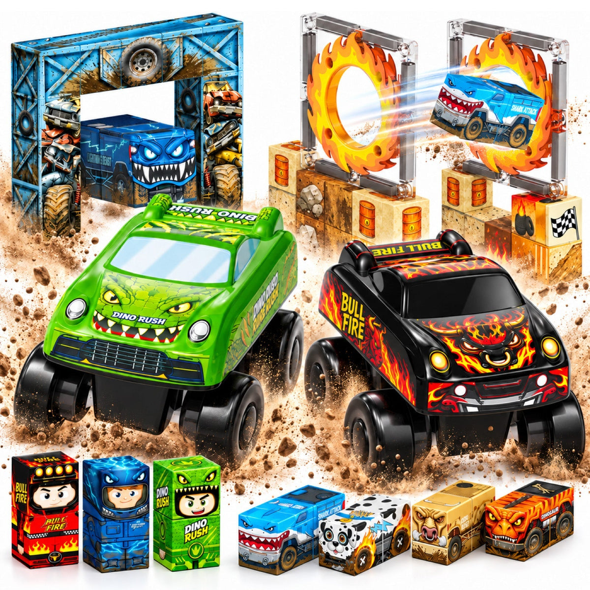 GSKC054 med två monstertruckar, magnetiska block och lekringar med eldmotiv